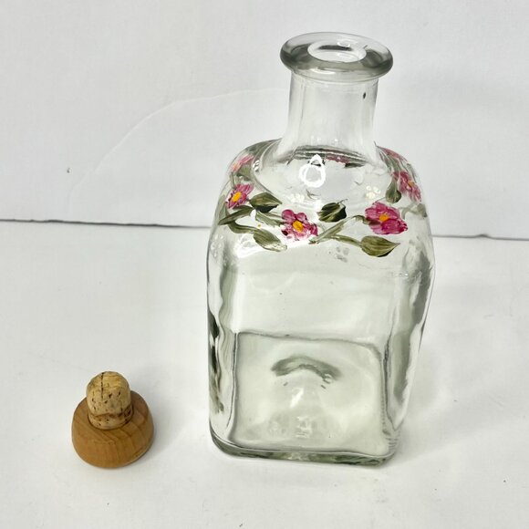 Floral Clear Glass Apothecary Bottle Hand painted Pink Flowers & Green Leaves - Picture 6 of 12